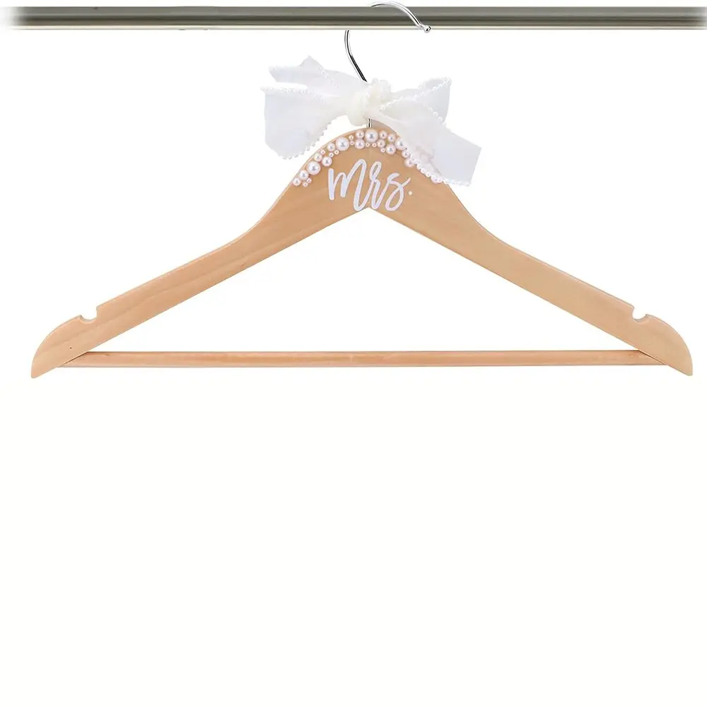 Mrs Hanger, Wooden clothes hangers, with Pearl and Ribbon Bow disco cowgirl rustic garden beach Theme Wedding engagement Bridal shower bachelorette hen party hanging decoration Dress Gown Robe Hanger bride present Keepsake gift