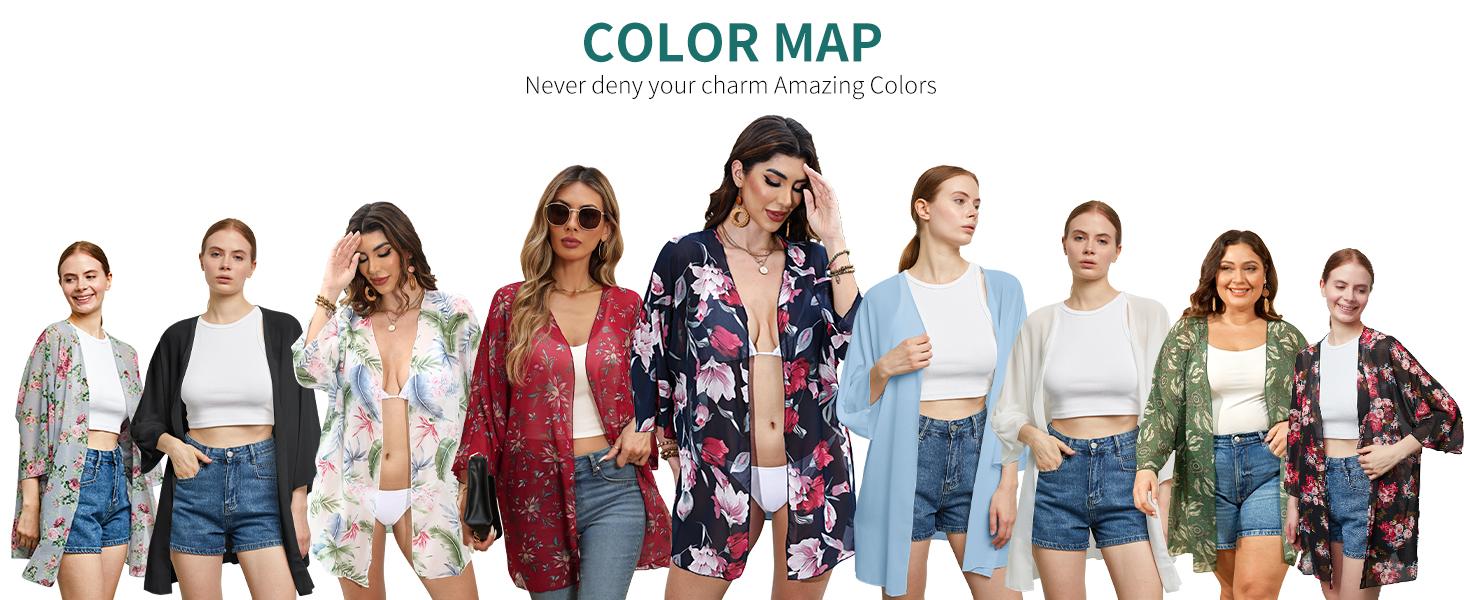 Summer clothing,Women's kimono cardigan, summer lightweight cover-up, 3/4 sleeves, floral print vacation beachwear