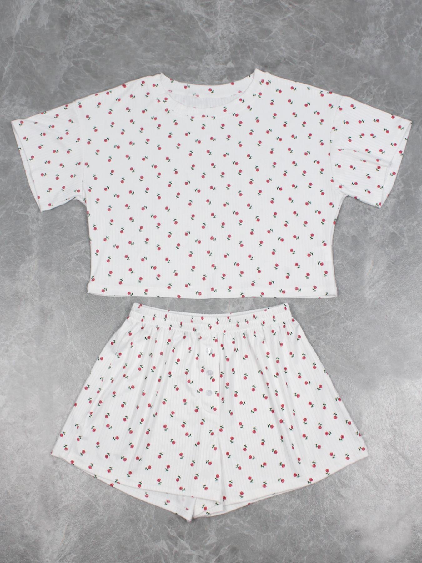 Women's Floral Print Crop Top & Shorts Cute Loungewear Two-Piece Set, Casual Comfy Short Sleeve T-Shirt & Shorts PJ Set, Ladies Summer Sleepwear, Pajama