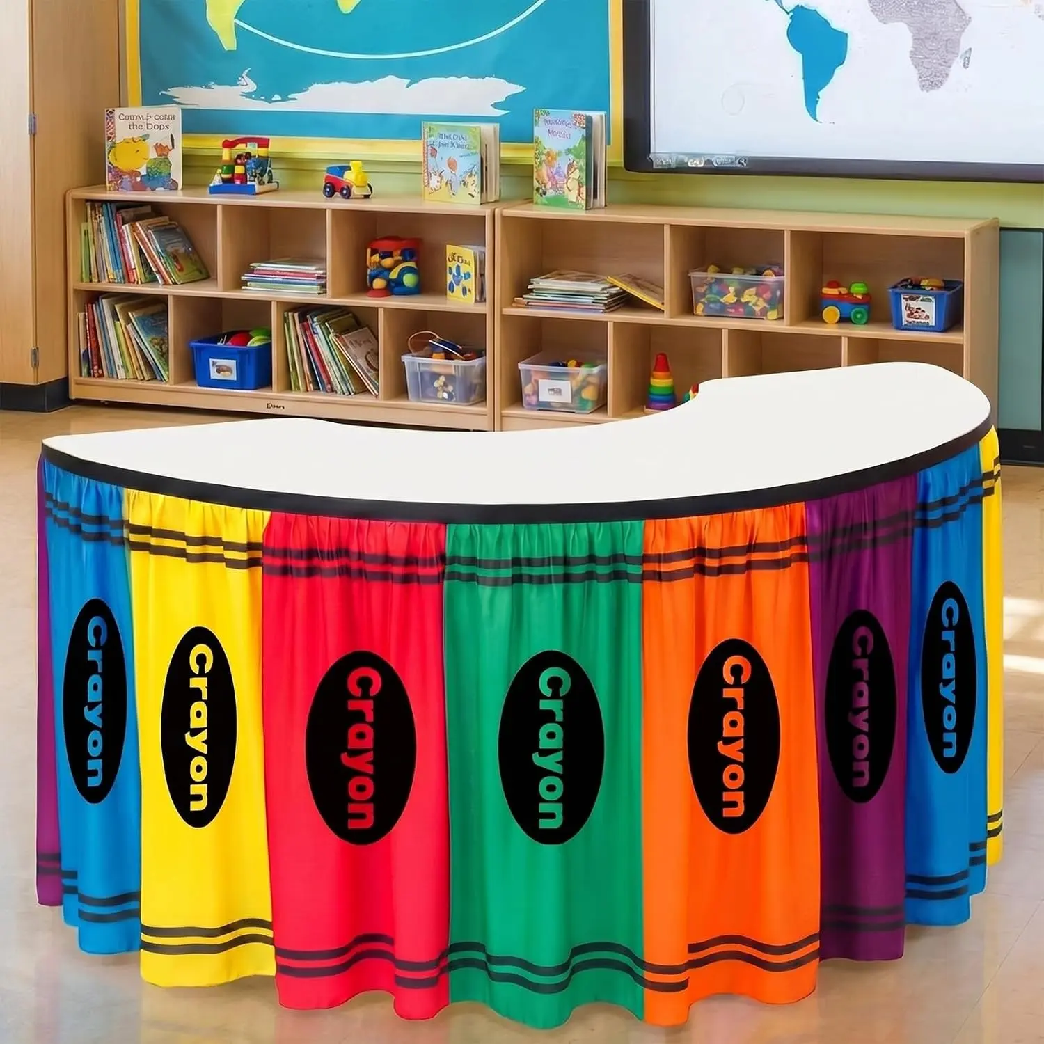 Colorful Crayon Ruffled Table Skirt, Teacher Desk Decor, Rectangular Round Kidney Shape, Classroom Party Supplies, Back-To-School Theme