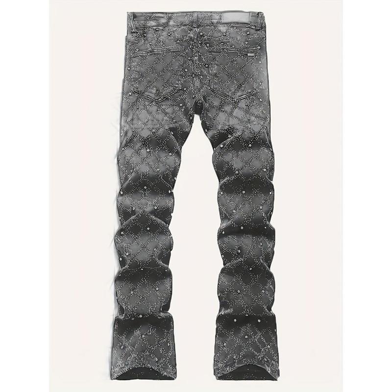 Y2K Men's Shiny Rhinestone Embellished Stretch Slim-Fit Jeans, Casual Street Style Hip-Hop Skateboarding Rap Pants, Machine Washable - All-Season Wear