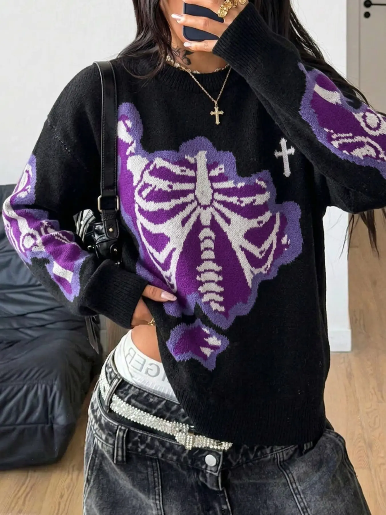 Gothic Dark Style Knit Sweater, Skull Chest Bone Cross Embroidery Round Neck, Loose Fit Long Sleeve Top for Women, Spring & Fall Fashion