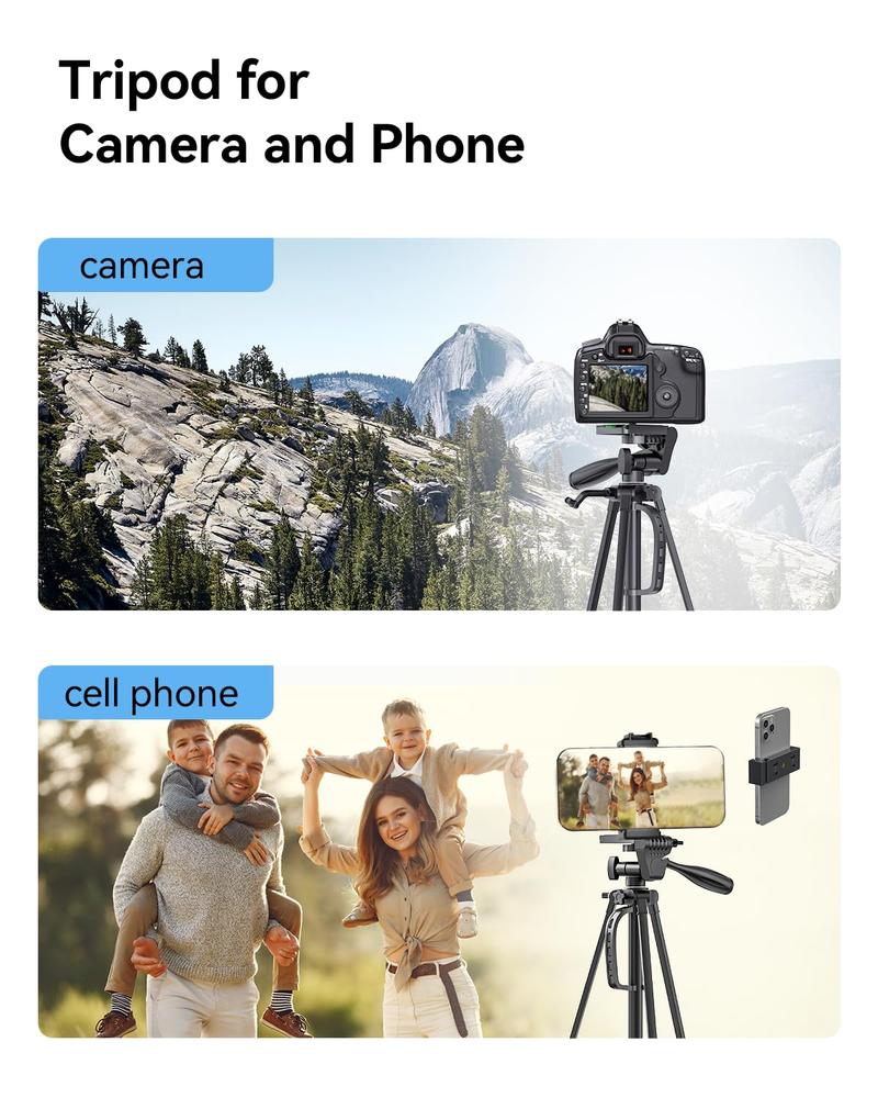 EMEET 55'' Camera Tripod, Travel Floor Tripods Compatible with Cell Phones, Cameras, DSLR and Gopro, for Video Recording Photos Vlogging，with Phone Holder and Travel Bag Smartphone, FathersDayGift