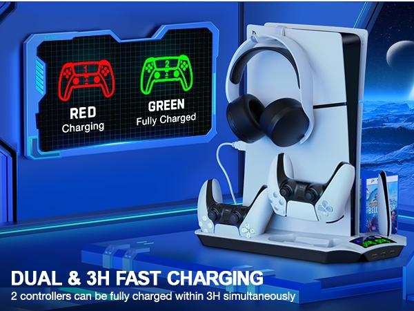 PS5 Silm Stand,Beboncool PS5 Cooling Fan Stand and Dual Controller Charger Station Compatible with PS5 optical drive version/digital version and PS5 Slim new console cooling, and can charge 2 PS5 controllers at the same time