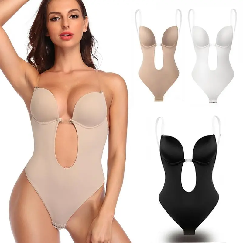 Women's U Plunge Backless Body Shaper Bra Low Back Thong Shapewear Deep V Full Body Bodysuit Invisible Backless Body Suits Plus Size S-2XL Black Beige Brown White