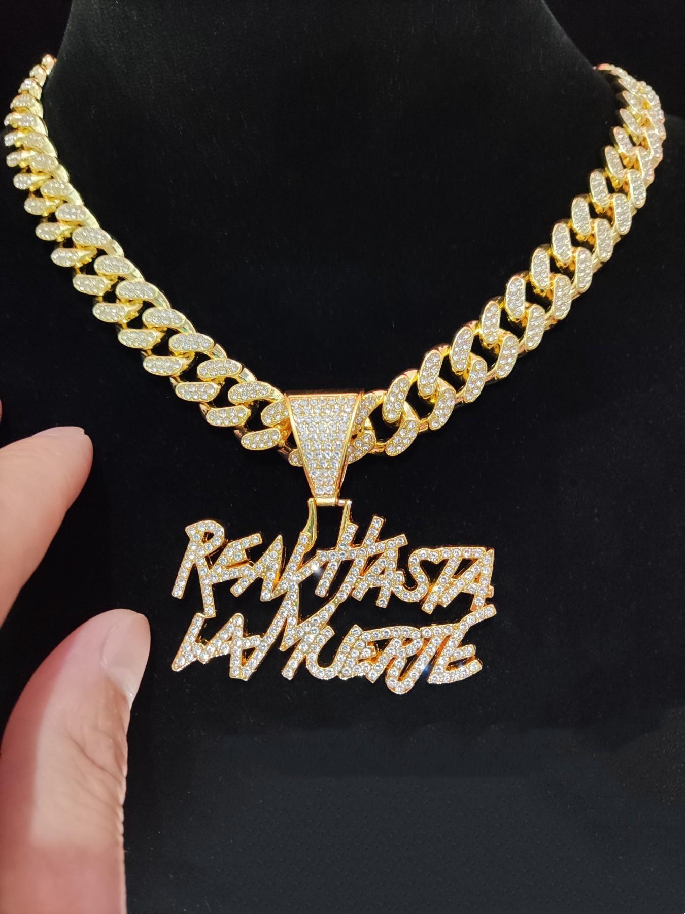 Street Style Rhinestones Decorated Letters Design Pendant Necklace, Casual Trendy Pendant Necklace for Party & Daily Decoration Without Box for Men, Cuban Link Chain