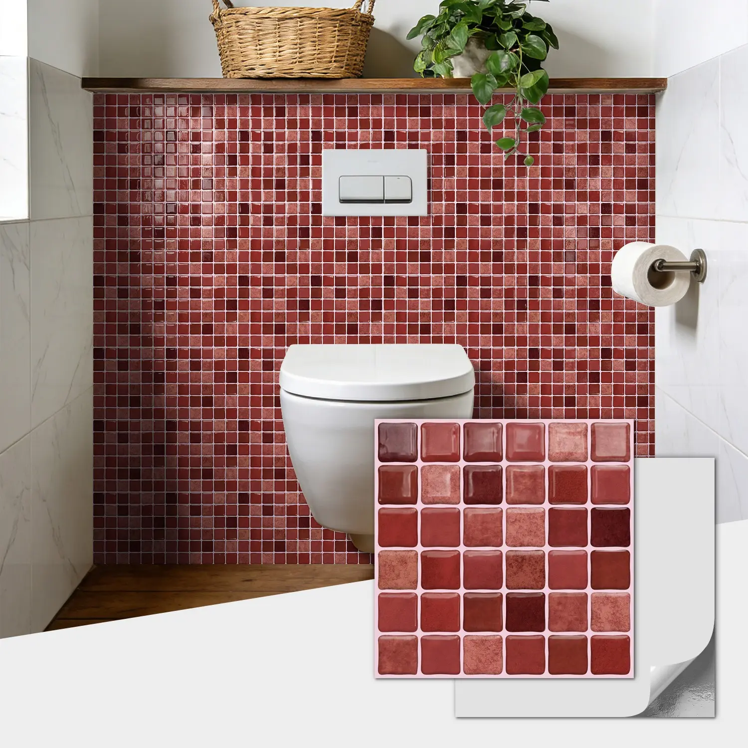 High-end brick red thickened self-adhesive 3D wall panel mosaic tile stickers, peel-and-stick wall decoration, waterproof, wear-resistant and splash-proof panels, suitable for kitchen, bathroom, living room, bedroom and fireplace, size 15.25x15.25cm