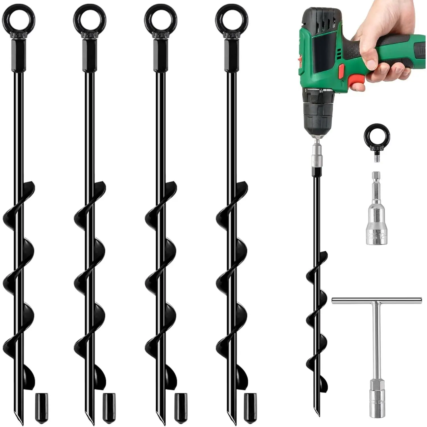 Ground Anchors Screw in, 18 Inch 4 Pack Spiral Swing Set Trampoline Earth Anchor Heavy Duty Metal Auger Stakes Kit for Shed Tent Tree Dog High Wind Carports Camping Mobile Home Greenhouse