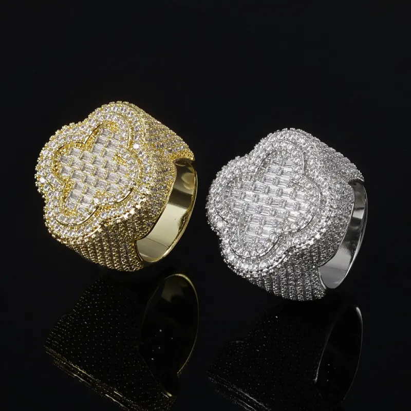 European and American hip-hop cross-border mixed inlay T-shaped zircon four-leaf clover ring, niche high-end trendy men's custom ring