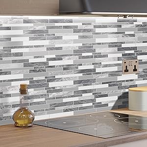 10-Sheet Peel and Stick Backsplash Stone Composite Self Tiles, 11.1" x 11.3" Grey White Mixed Embellished Stripes Brick Stick on Backsplash for,, Fireplace