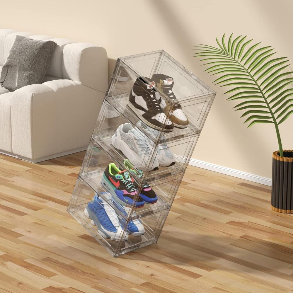 12 Packs Acrylic Shoe Boxes, Clear Plastic Stackable Acrylic Sneaker Boxes, Display Case for Sneaker Fits Up to US Size 15 Organiser Transparent