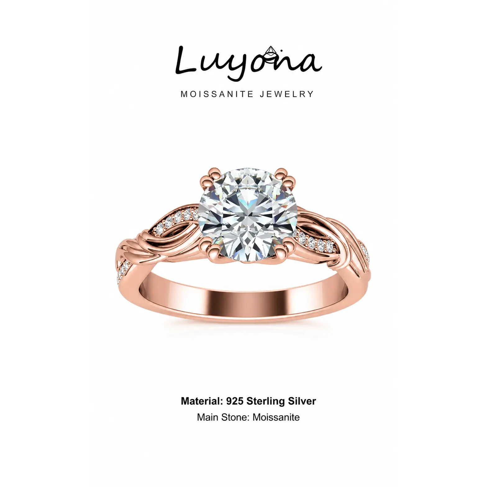 LUYONA S925 Sterling Silver 1 Ring for Women, 1 CT Round Cut Moissanite, Twisting Infinity Design, Plated in White/Yellow/Rose Gold, Wedding Engagement Anniversary Promise Ring with Gift Box