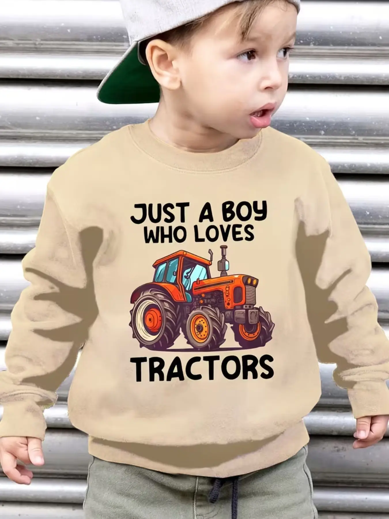 Boys' Fall Winter Fashion Sweatshirt, Just a Boy Who Loves Tractors Letter Print, Casual Long Sleeve Pullover, Slim Fit