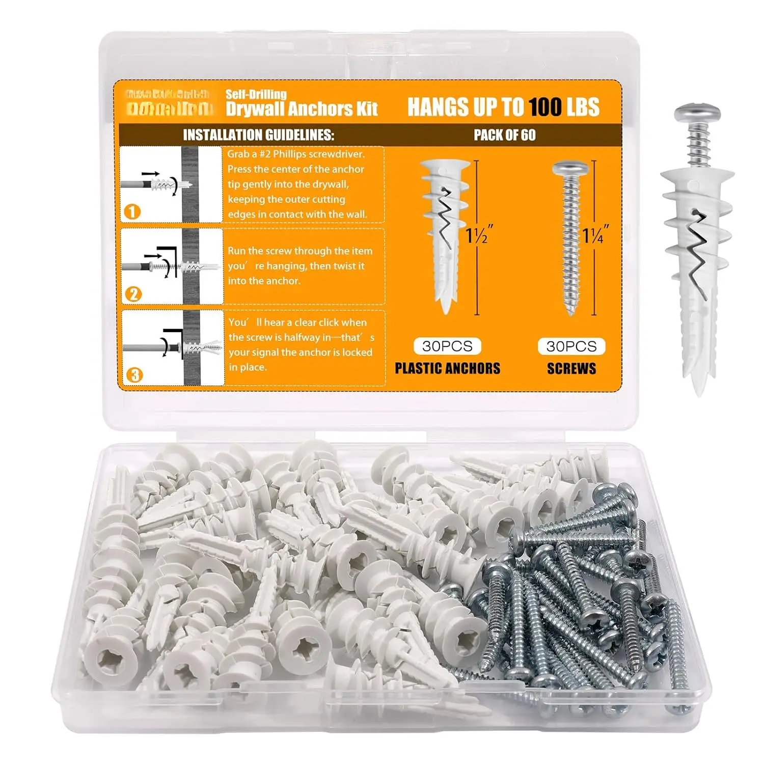 #8 Self Drilling Heavy Duty Drywall Anchors with Screws Kit, 60 count | No Pre-drill Nylon Plastic Wall Anchors with 8×1-1/4" Screws for Shelves, Frames, Mirrors, and Hooks, Holds Up to 100lbs
