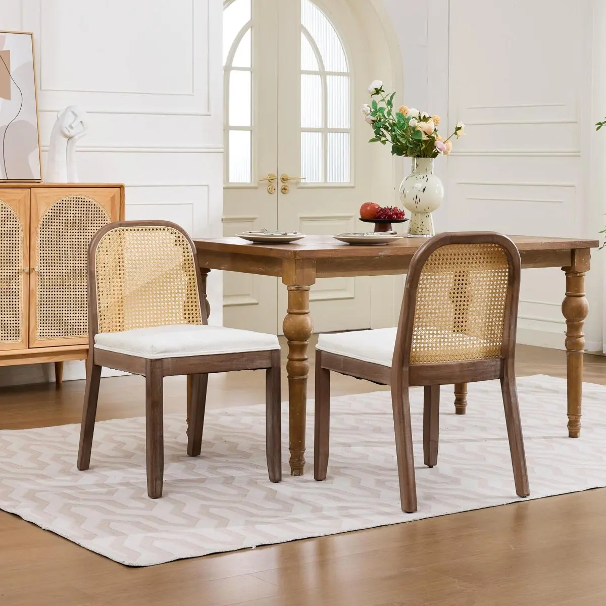 [Fahuac] Set of 2 Cane Back Dining Chairs, Curved Arched Rattan Side Chairs with Chenille Cushion, Mid-Century Farmhouse Armless Chairs.