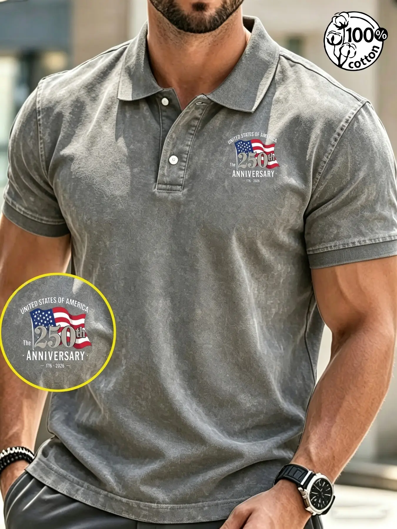 Men's 100% Cotton Vintage Washed 250th Anniversary Casual Polo Shirts, Patriotic Style, Short Sleeve Loose-Fit Top