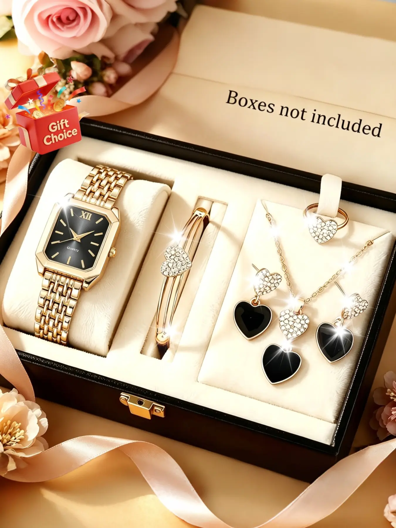 Elegant Women's Watch Set with Heart Necklace, Ring, Bracelet, Earrings, Perfect Gift for Valentine's Day, Easter, Halloween, Birthday, Christmas, New Year, Fashion Jewelry Set, Accessory Set, Jewellery Gift Set