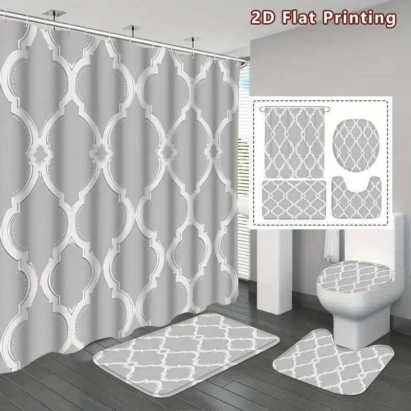 4-piece modern minimalist style gray white geometric pattern shower curtain bathroom set, Shower curtain set with rugs, including floor mat, U-shaped toilet seat cover and hook, suitable for bathroom decor, small bathroom