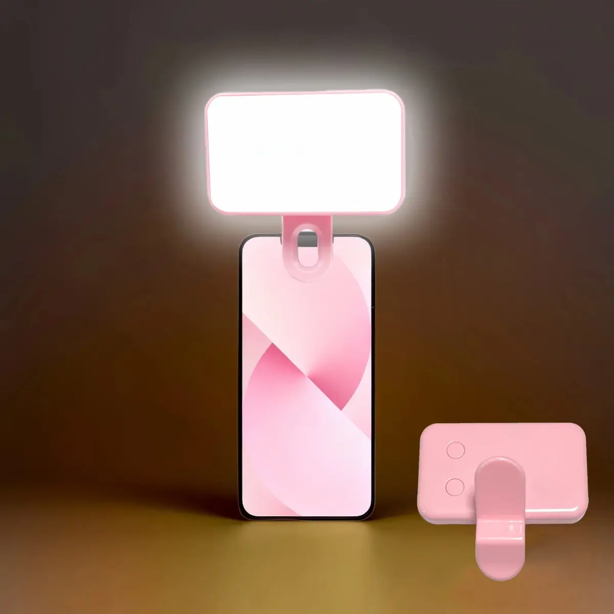 Pink Square Phone Clip Light, A Portable Fill Light Suitable For Use With Phones, Cameras, And Laptops To Enhance Photos; A Mini-Sized, Three-Color Fill Light With Adjustable Brightness