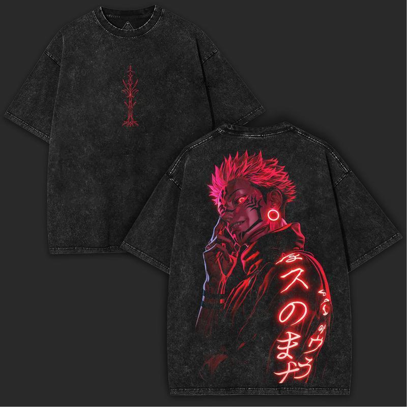 Ryomen Sukuna Jujutsu Kaisen Oversized Washed Tee Heavy Cotton Neon Red Graphic Shirt Anime Collector Essential Double Sided Prints Big Bold Graphics