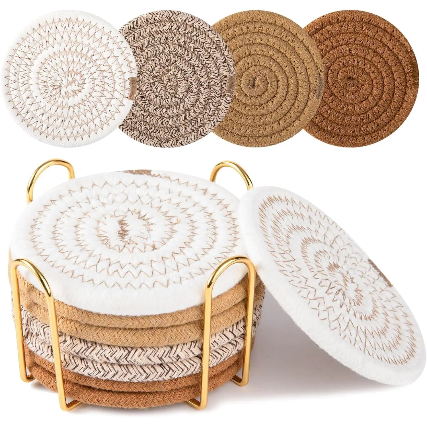 8 Pcs Metal Insulated Woven Cotton Coaster Set with Holder for Beer, Coffee, Table Decor - Yellow, Ideal for Kitchen, Housewarming Gifts