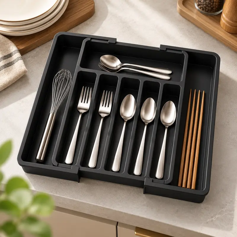 Adjustable Kitchen Drawer Organizer, Expandable Cutlery Storage Tray with 8 Divided Compartments, Multi Purpose Silverware Holder for Spoons, Forks, Knives, Kitchen Gadgets and Cooking Utensils, Practical Space Saving Drawer Storage Solution