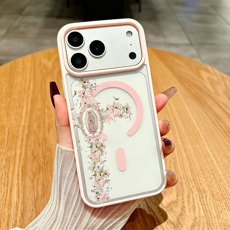 Virgin Mary Floral Cross MagSafe Phone Case, Pink Aesthetic Guadalupe Our Lady Print, Clear Transparent Protective Cover with Raised Camera Bezel, Anti-Scratch Shockproof TPU Bumper Case for iPhone, Christian Inspirational Gift