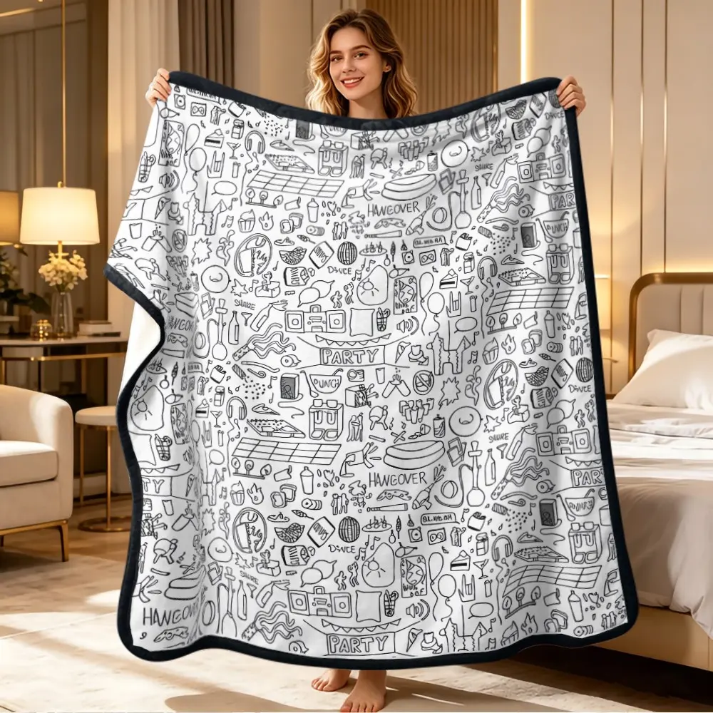 Coloring Stress Relief Hand Drawn Blanket, Cozy Throw Blankets, Modern Print Flannel, DIY Coloring Cover, Holiday Gift, Multi-Purpose Rug, Wall Hanging, Sofa Bed Throw