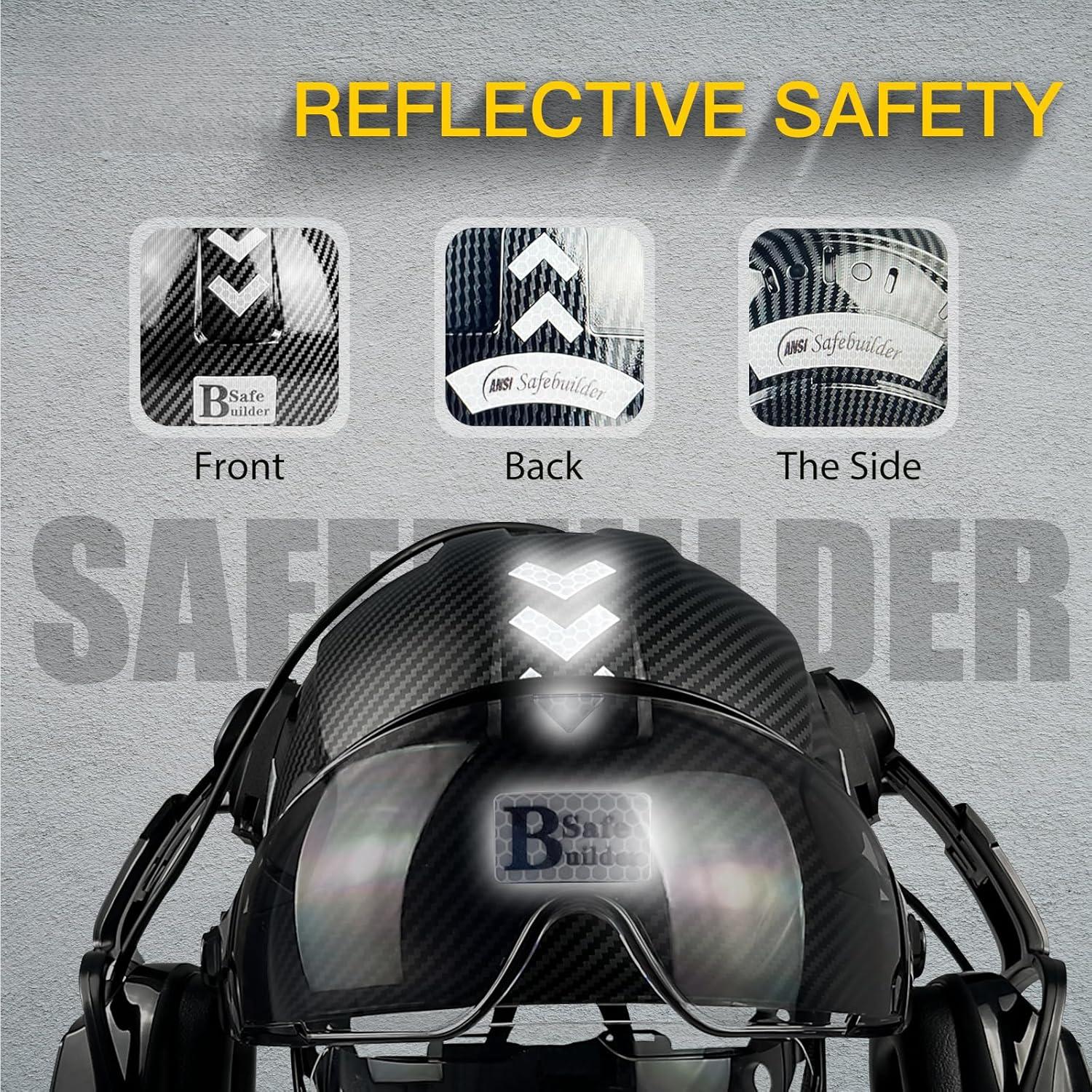 Vented Hard Hat with Visor and Bluetooth Ear Muffs, SNR 26dB Hearing Protection, Adjustable Suspension, Construction Safety Head Gear