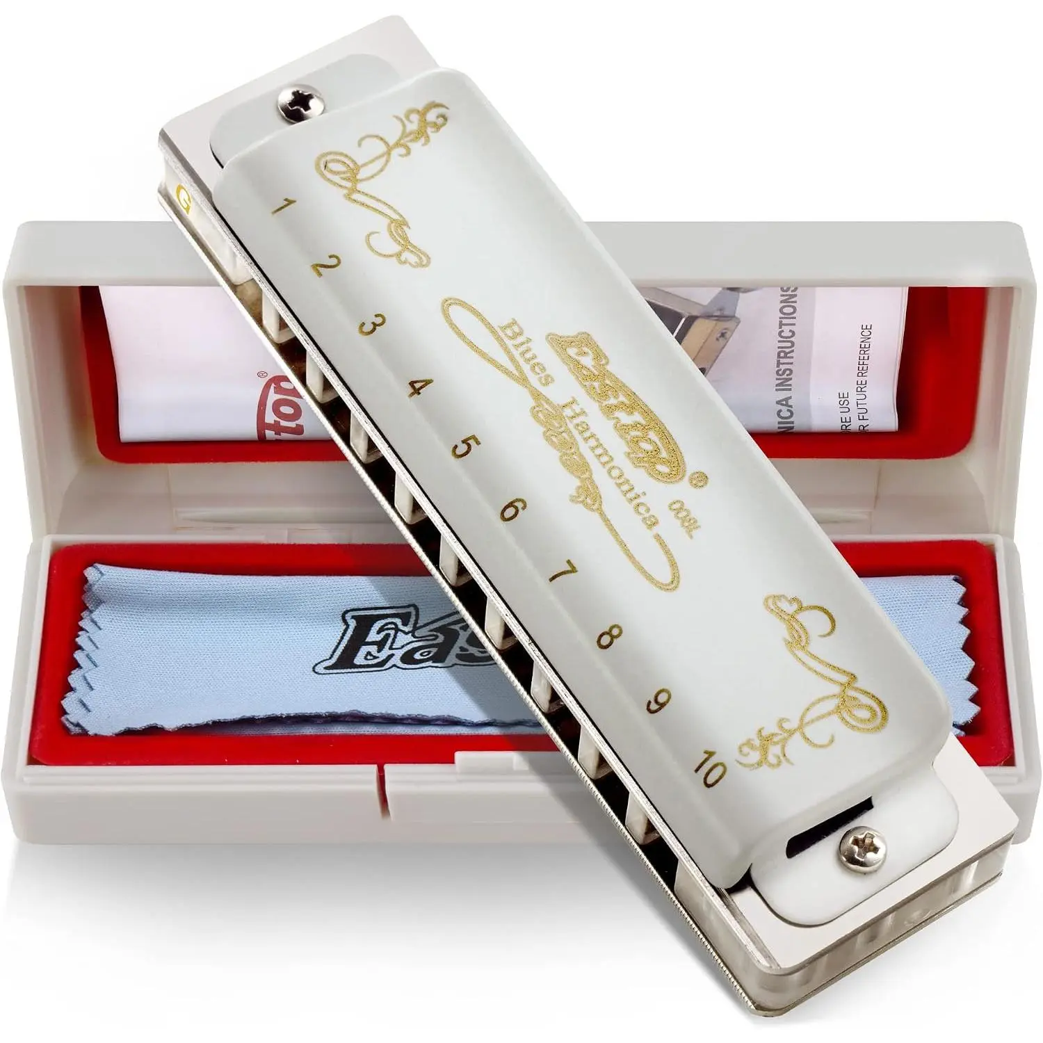 Blues Harmonica, 10 Holes 20  Diatonic G Key with White Cover, T008L Harmonica
