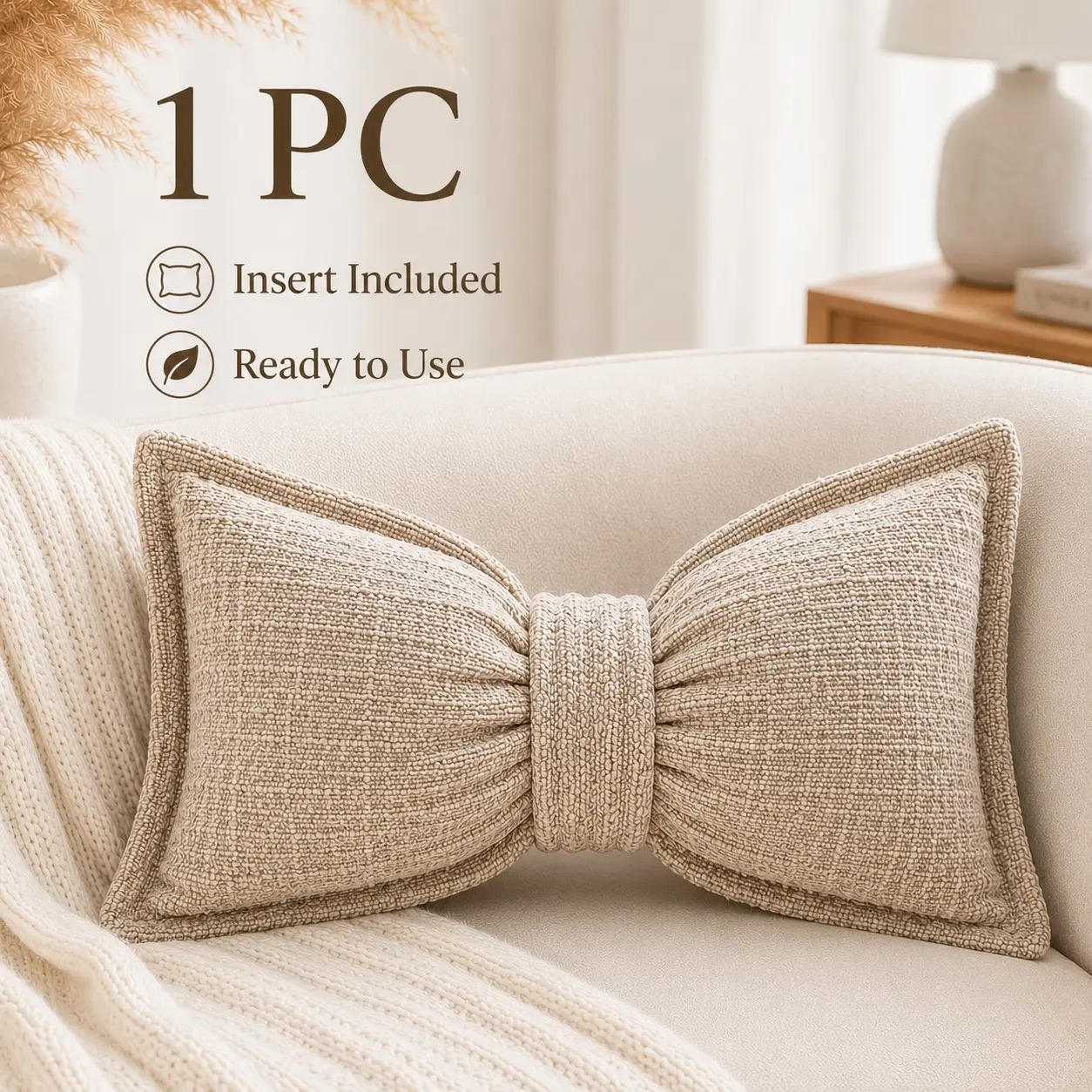 1 Piece Bamboo Texture Bow Cushion Pillow, 30x50cm Soft Fabric Lumbar Support, Sofa Bedroom Home Decor, All Seasons Casual Style