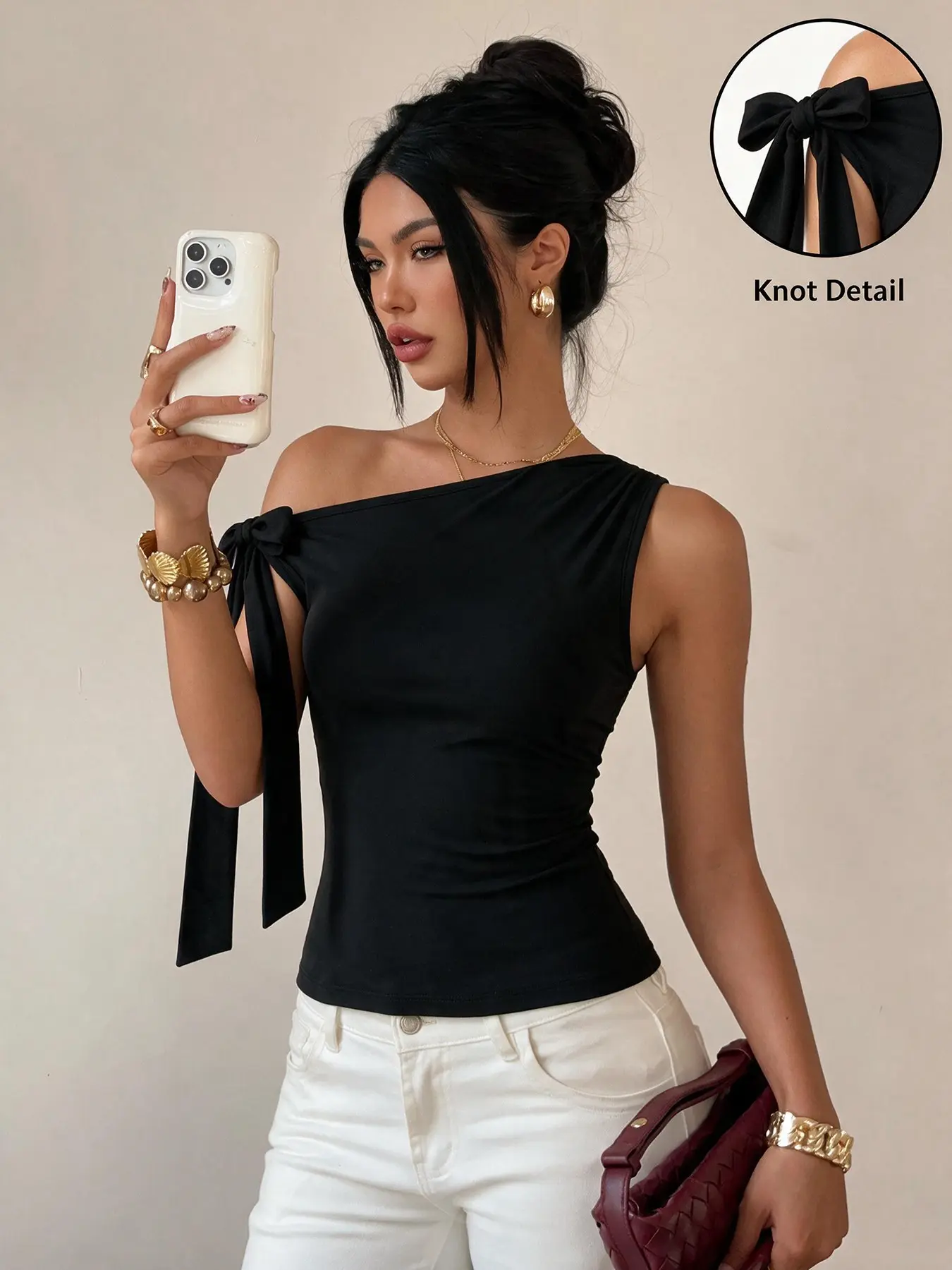 Women Black One Shoulder Bow Tie Sleeveless Slim Top, Y2K Spicy Asymmetric Diagonal Off Shoulder Fitted Stretch Knit Layering Tank Top #oneshouldertanktop #y2kspicyoutfit #tiktokmademebuyit #clubbasictop Trendy Top