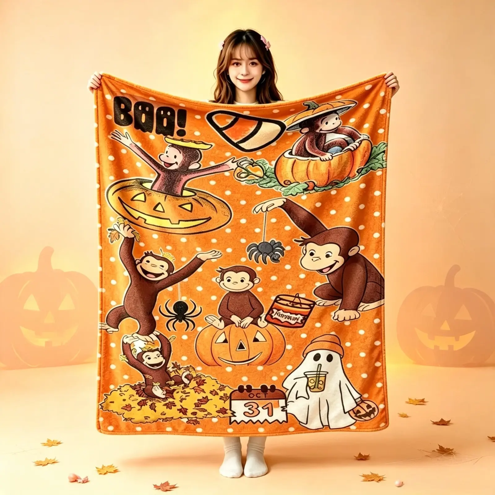 Halloween Cartoon Flannel Blanket, Cute Monkey Pumpkin Spider Ghost Print Fleece Throw Blanket, Soft Cozy AC Blanket for Kids Adults, Sofa Bed Fall Decor Holiday Gift