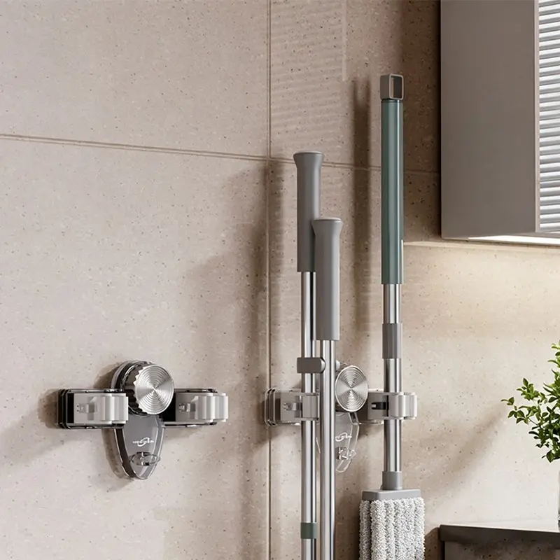 Wall Mount Broom Holder, No Drill Suction Cup Organizer, Adjustable Hook Rack for Bathroom Kitchen Garage, Storage Solution