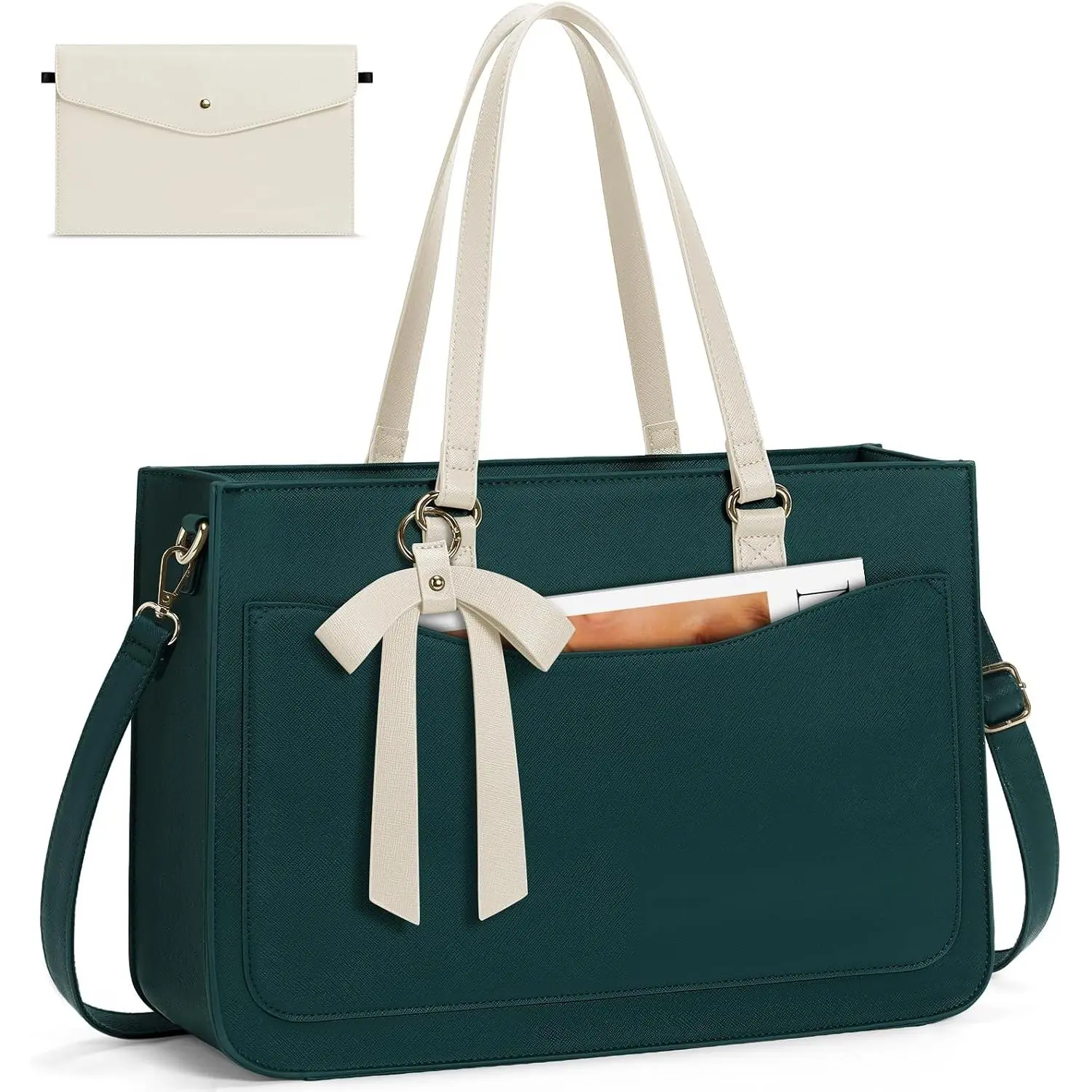 Laptop Bag for Women 15.6 Inch Work Tote Bags Leather Laptop Tote   Bag Professional Office Briefcase Large Handbag for College Teacher Travel, Beige and Green