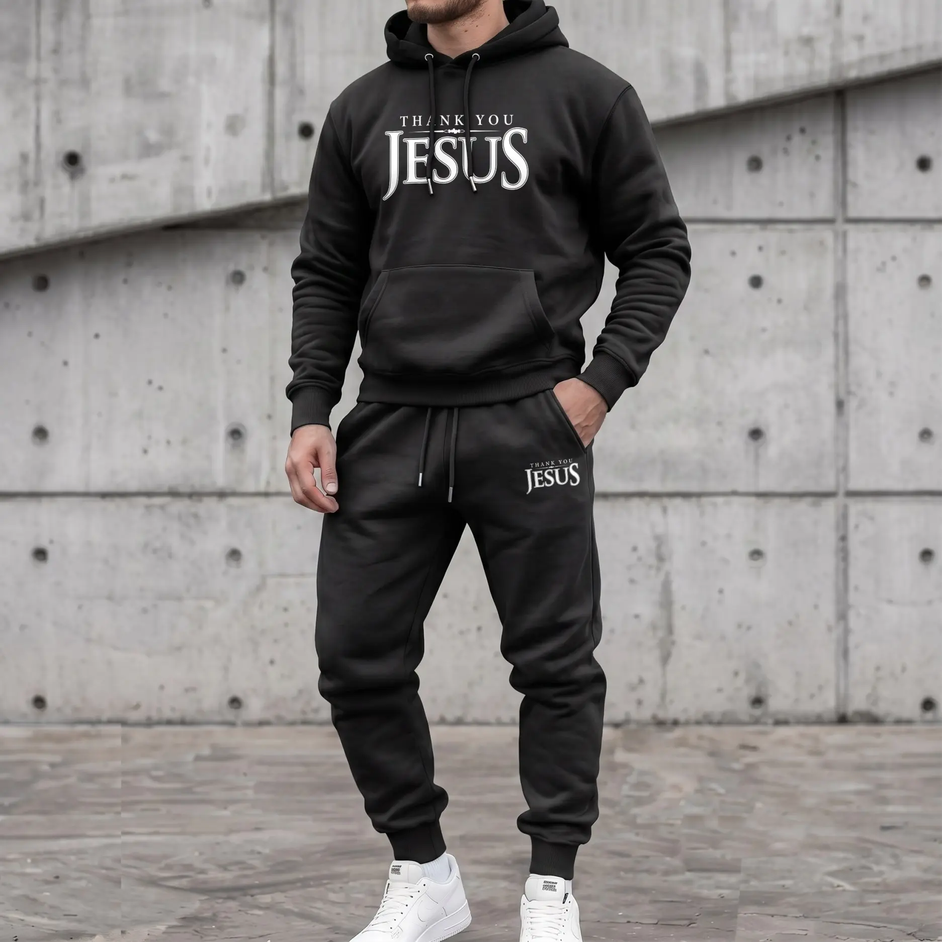 Men's Minimalist Loose 2-Piece Christian Thank You Jesus Print Menswear Hoodie & Sweatpants Set - Long Sleeve Pullover, Drawstring Joggers, Casual Fall Winter Day Athleisure Tracksuit, Fabric, Longsleeves, Polyester, Breathable, Tracksuits, Letter Print