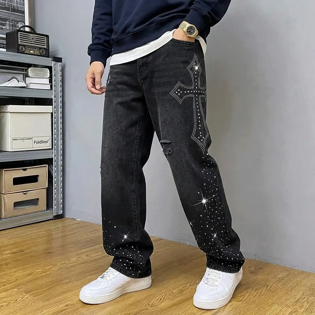 Y2K Gothic Cross Rhinestone Distressed Wide Leg Jeans For Men Faded Black Wash Knee Ripped Hole Gradient Snow Dot Hot Drill Crystal Straight Denim Pants Punk Grunge Streetwear Bold Sparkly Trousers For Festival Club Casual Street Looks