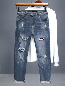 Trendy Men's Washed Elastic Straight Leg Pants, Frayed Edge Design, Colorblock Inner Lining, Patch, Comfortable, Roll-Up Style, Multiple Sizes
