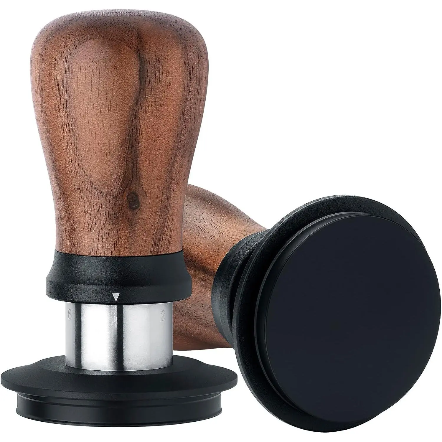 51mm Coffee Tamper V5, Spring- Espresso Tamper with 6 Adjustable  Settings, Tri-Spring Technology, Titanium-Coated Flat Base, Walnut Handle and Silcone Stand, Black