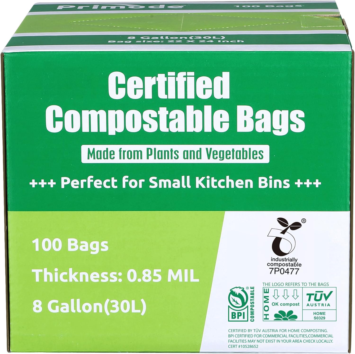 Compostable Bags, 8 Gallon (30L)  Scraps Yard  Bags, 100 Count, Extra Thick 0.85 Mil. ASTM D6400 Compost Bags Small Kitchen Trash Bags, Certified by BPI & TUV AUSTRIA