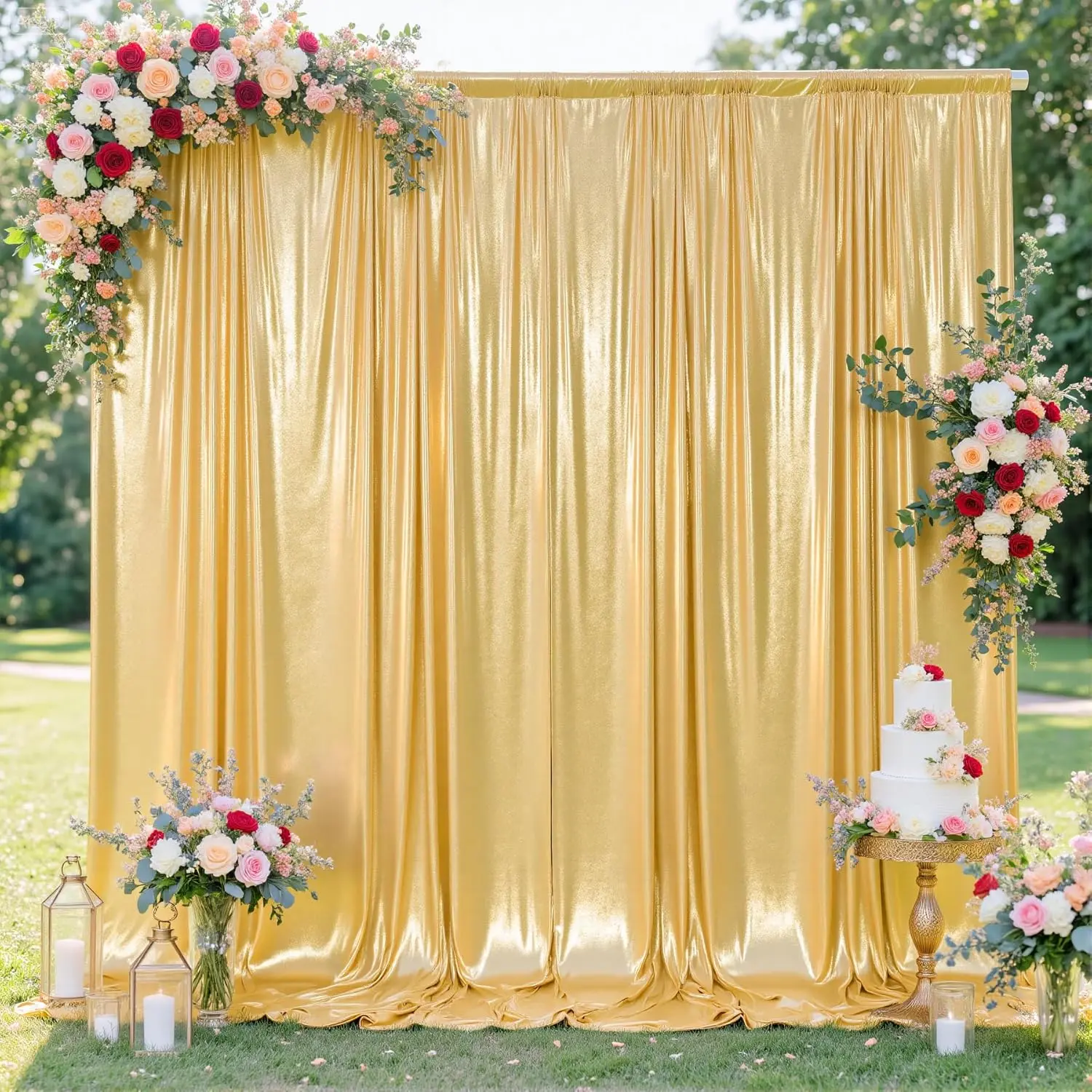 10x10FT Light Shiny Metallic Gold Sequin Backdrop Curtain - 2 Panels 5x10FT Wrinkle-Free Shimmer Drapes for Wedding, Photography, Room Decorations