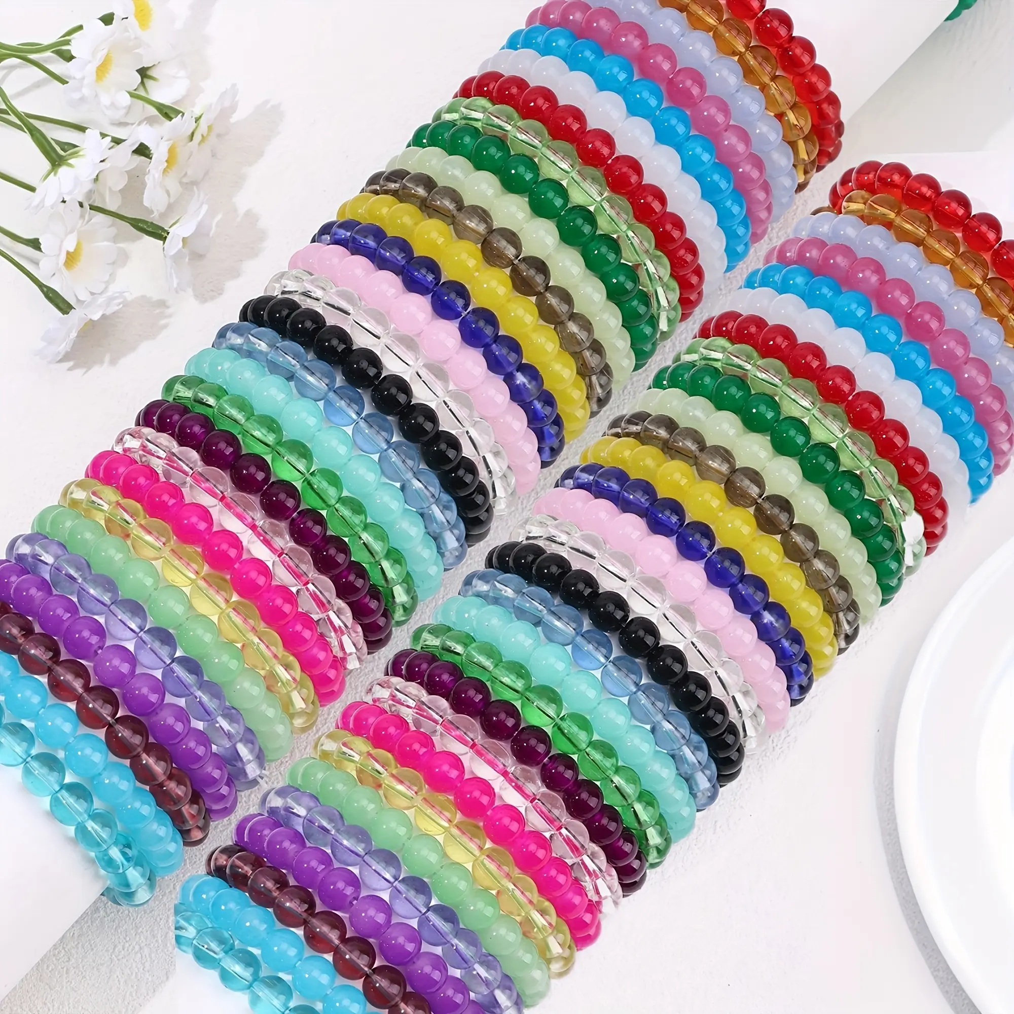 Bohemian-Style Mixed-Color Glass Bead Elastic Bracelets Set for Women, 10pcs Bangles Bracelets with Elastic Fit for Casual Wear & Bohemian Look, Bracelets For Women, Bangles Bracelets Set