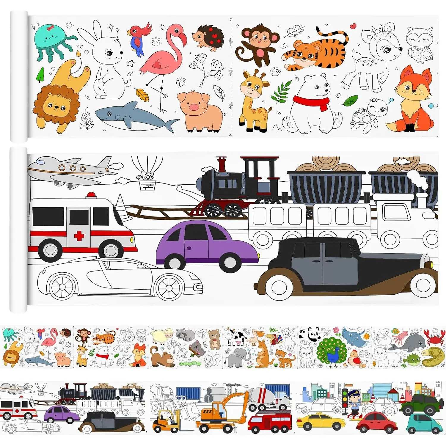 2 Pack Children's Drawing Paper Roll, 118x11.8 Inch Sticky DIY Painting Coloring Rolls for Toddler Teens, Ideal for Birthday Gift Party Activities, Animal & Transportation