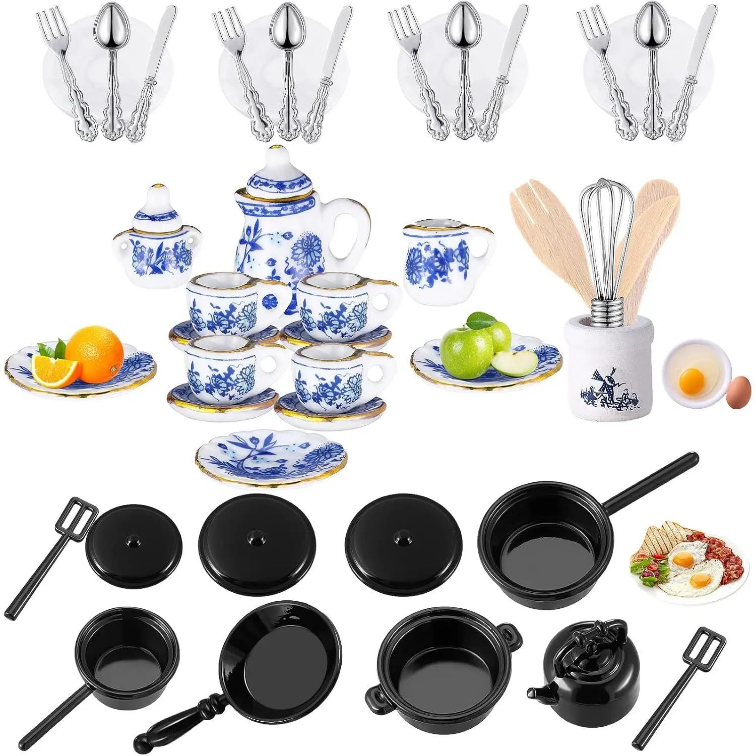 47 Miniatures Dollhouse Kitchen Accessories Miniature Porcelain Tea Cup Set, Metal Pots and Pans Include 16 Mini Doll Plates Knife Fork Spoon, 6 Egg Beater Utensil, 10 Stovetop Cookwarefidget toys