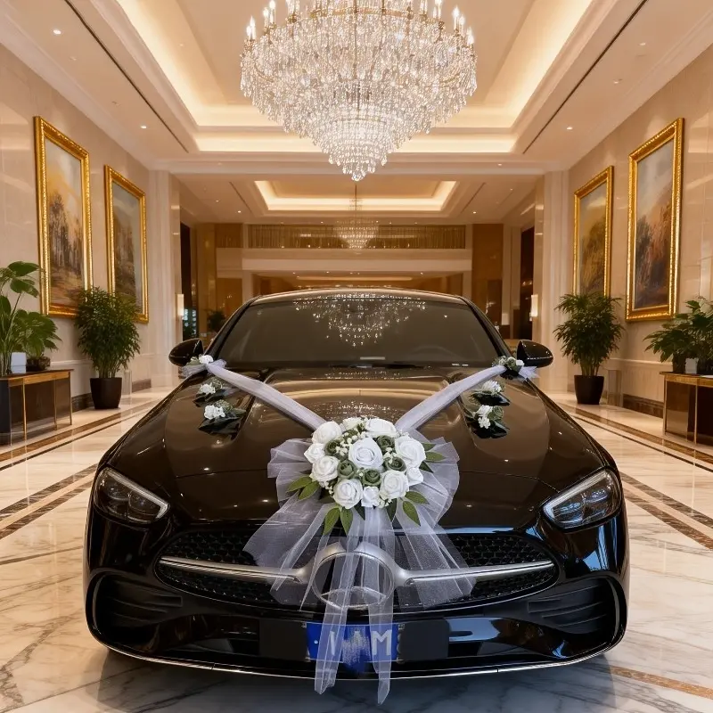 7pcs Wedding Car Decoration Front Flower Set - Main Wedding Car Flower Arrangement White Artificial Flower Decorations Wedding Accessories Wedding Car Fleet Hand Flower Complete Wedding Accessories Set