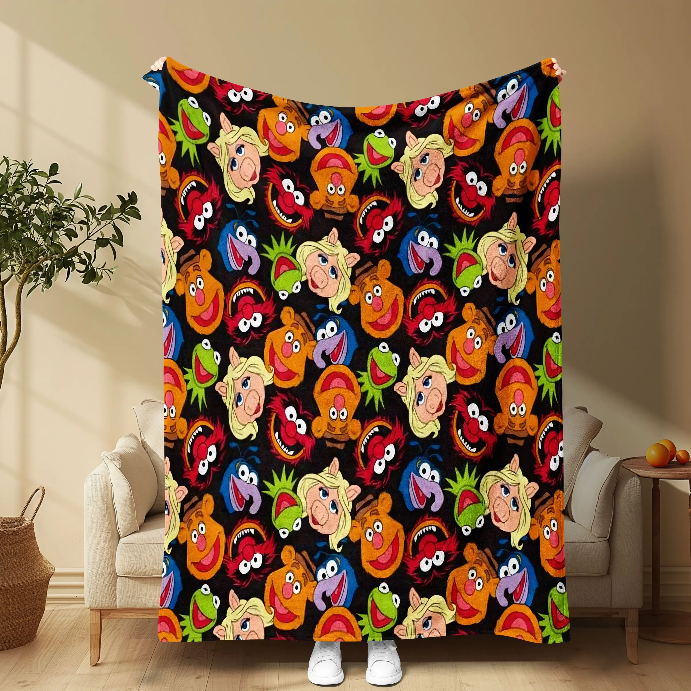 Vintage Puppet Show Blanket, Soft Flannel, Background, Kermit Piggy Cartoon, Home Decor, Sofa Bed Cover, Collectible Item