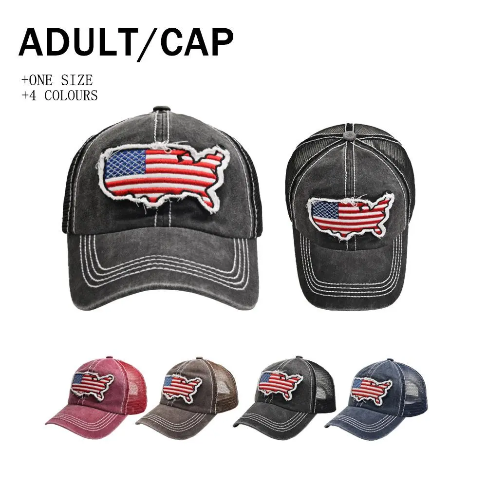 Vintage USA Map Flag Trucker Hat Distressed American Flag Patch Baseball Cap Retro Washed Denim Mesh Back Snapback Structured High Crown Streetwear Headwear Unisex Gift for Her