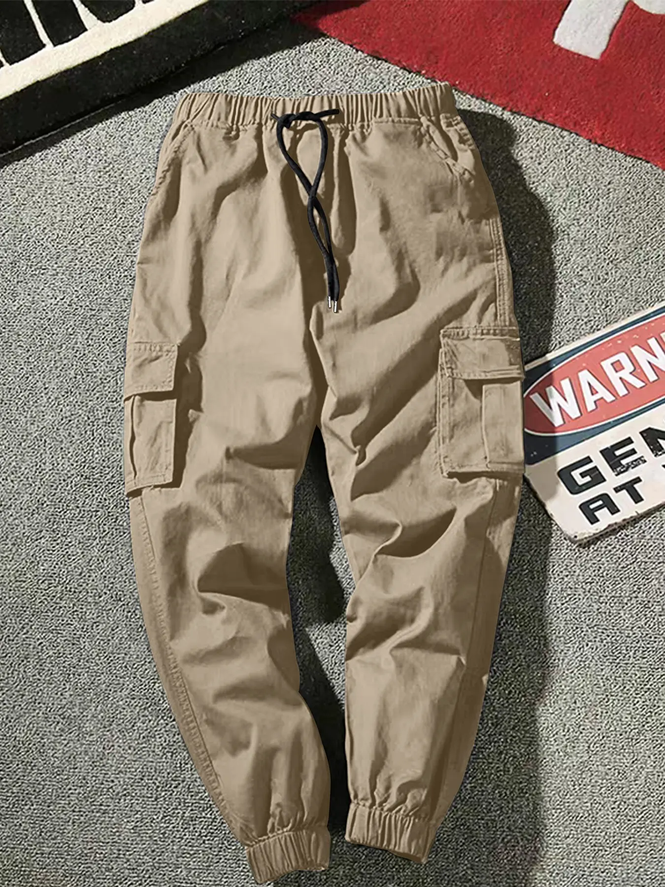 Men Drawstring Elastic Waist Cargo Jogger Pants, Multi-Pocket Tapered Ankle-Band Work Trousers, 4 Colors Casual Streetwear Pants