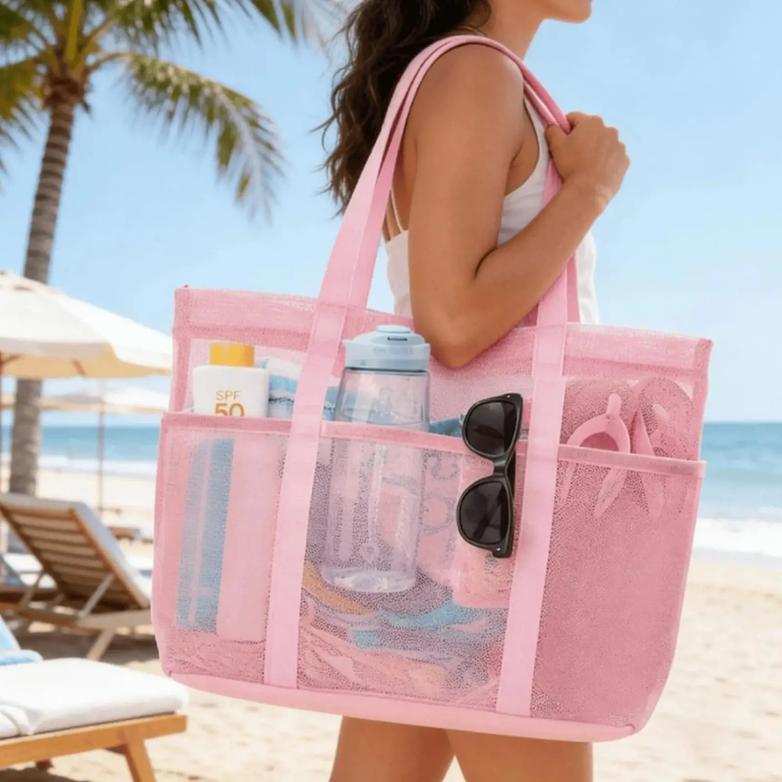 Pink Mesh Beach Tote Bag, Large Capacity Sandproof Multi Pocket Shoulder Handbag, Lightweight Swimming Organizer Bag for Women, Holiday Travel & Pool Vacation Essentials sohochic