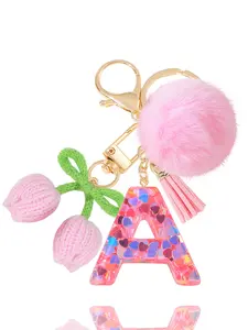 Personalized Initial Cherry Keychain, Detachable Crochet Cherry, Sequin Resin Letter, Fluffy Pom Pom, Leather Tassel, Wedding Gift